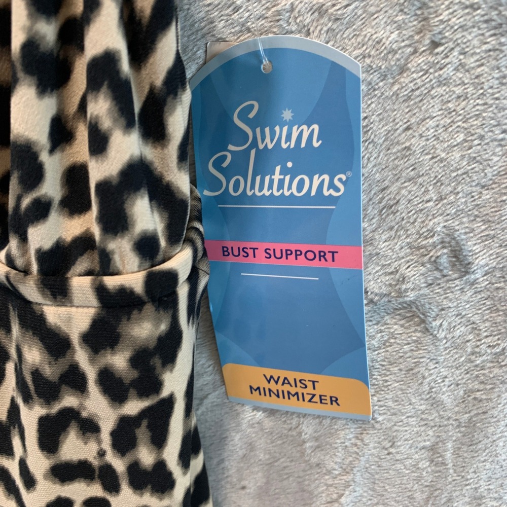 Swim Solutions Women Leopard Print Square Neck Swimdress Black Tan Size 10 16687 - Picture 3 of 9